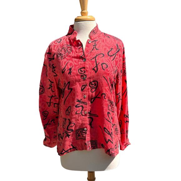 Chicos Oriental Print Short Jacket Top Blouse Womans  8/10 Linen Cotton Blend - Picture 1 of 12